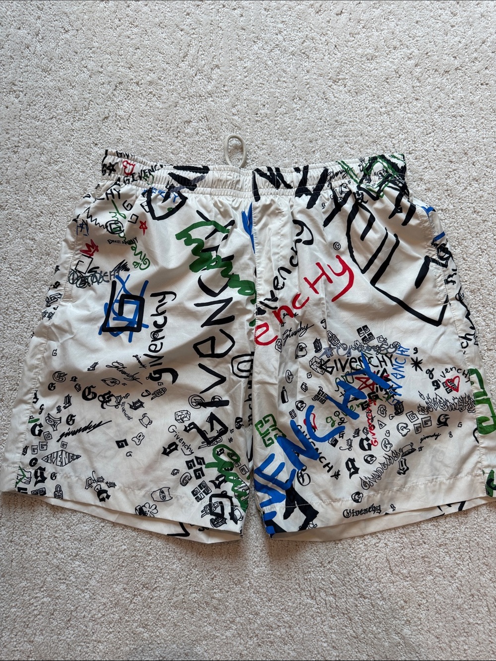 Givenchy White Graffiti Logo Swim Trunks with Multicolor Print